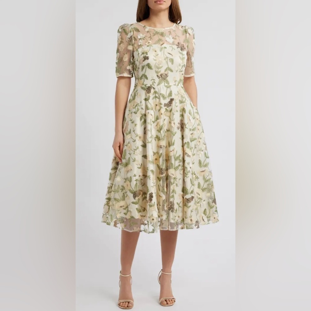 Nwot Eliza J Embroidered Floral Illusion Lace Cocktail Yellow Dress Sz 6